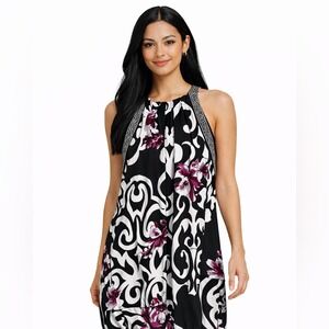 WHBM Black Floral Halter Neck Dress Women's Sleeveless Sheath SZ Medium